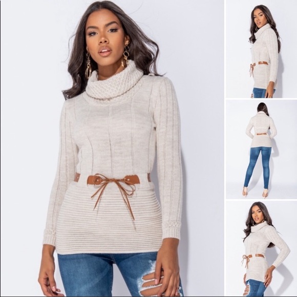 Cream Roll Neck Knit Sweater with Belt size 4 - Picture 3 of 9